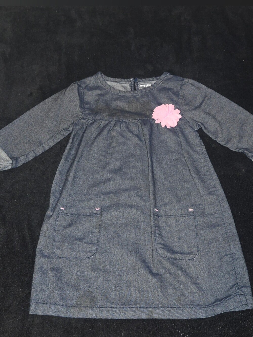 Element Girls' Navy Denim-Look Long Sleeve Dress with Pink Flower